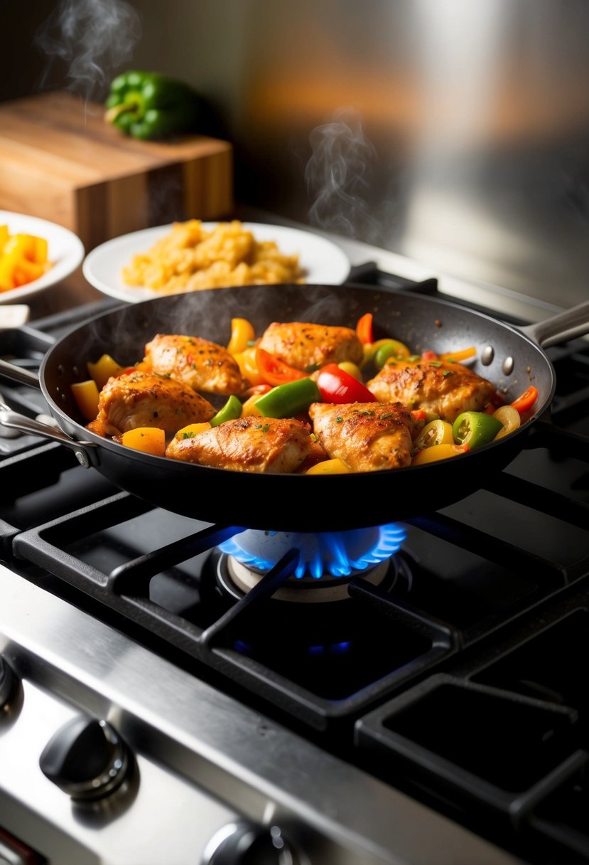 A sizzling skillet with spicy chicken, bell peppers, and onions cooking together over a hot stove