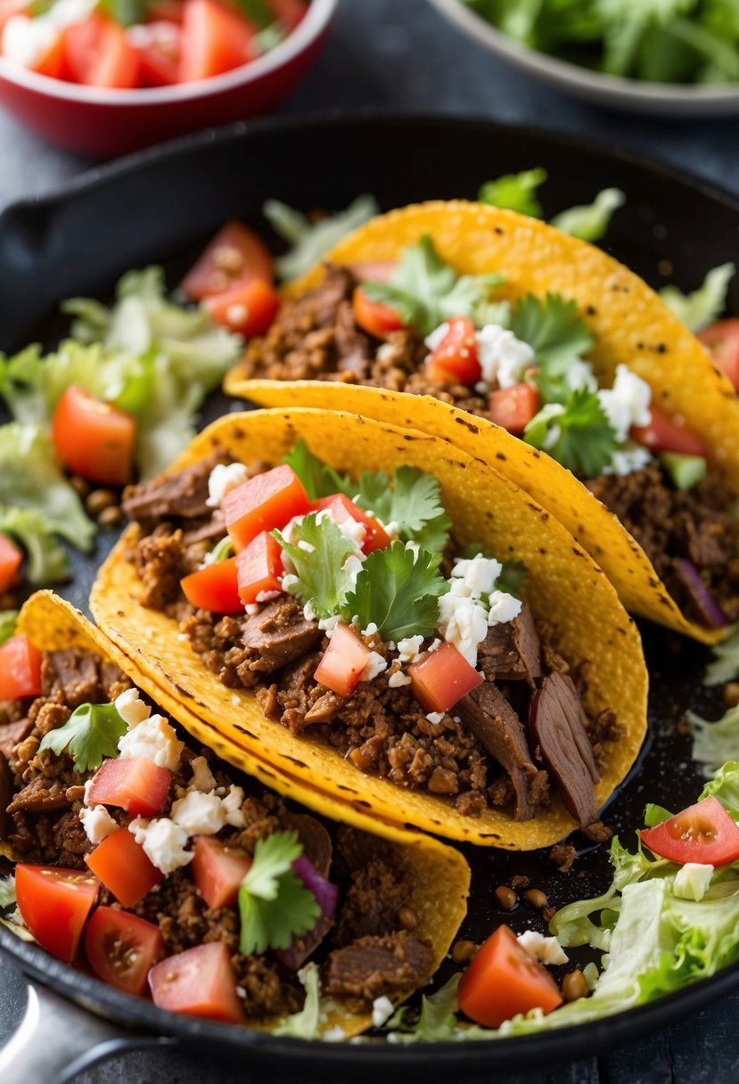 A sizzling skillet of savory venison taco filling, surrounded by fresh ingredients like diced tomatoes, shredded lettuce, and crumbled queso fresco