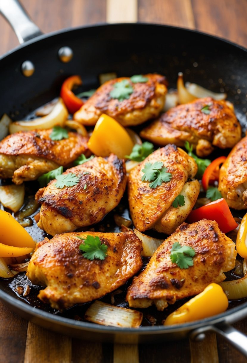 Sizzling chicken, bell peppers, and onions cooking in a skillet with Mexican spices