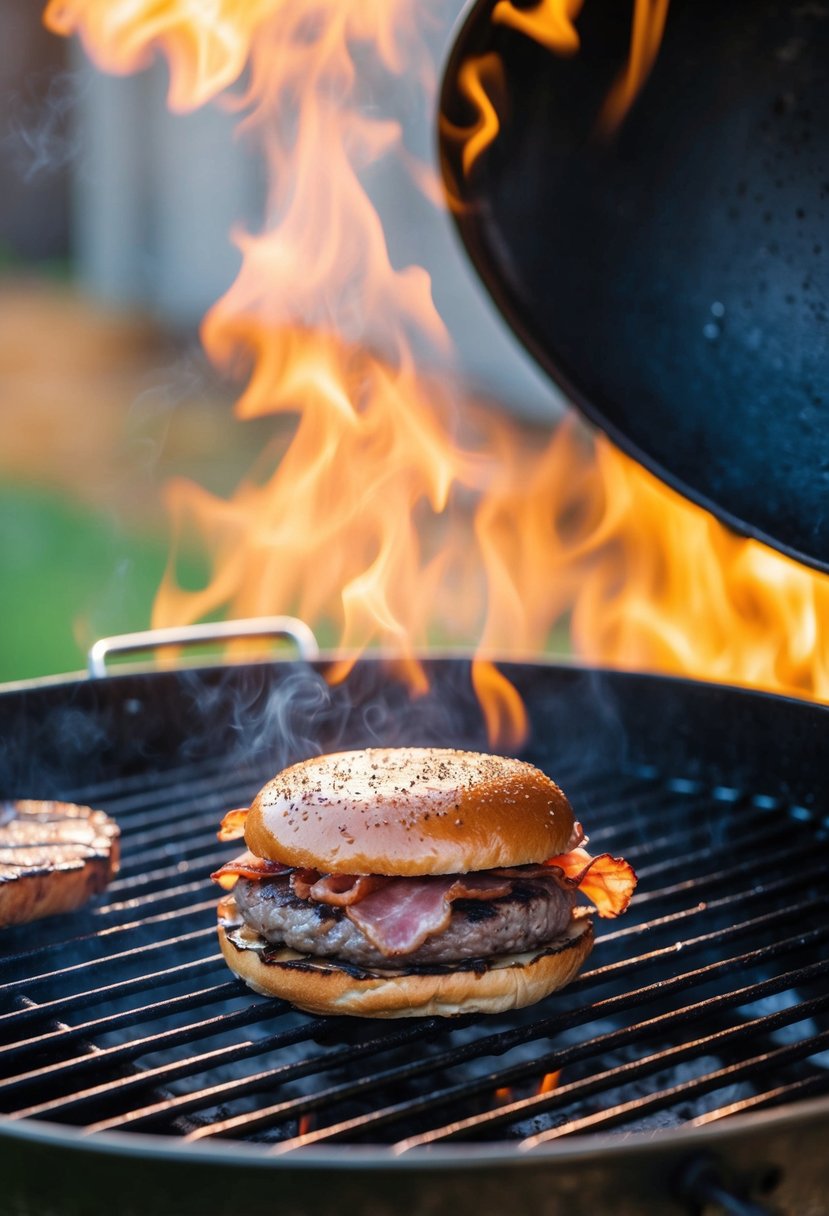 A sizzling venison-bacon burger being grilled on a barbecue, with the aroma of the meat and bacon filling the air