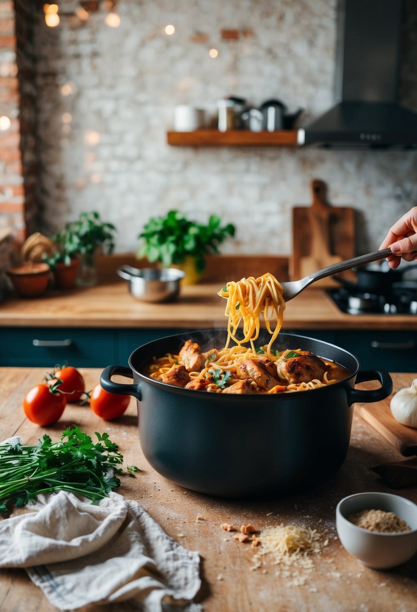 A rustic kitchen counter with scattered ingredients and a pot of simmering Italian chicken and pasta