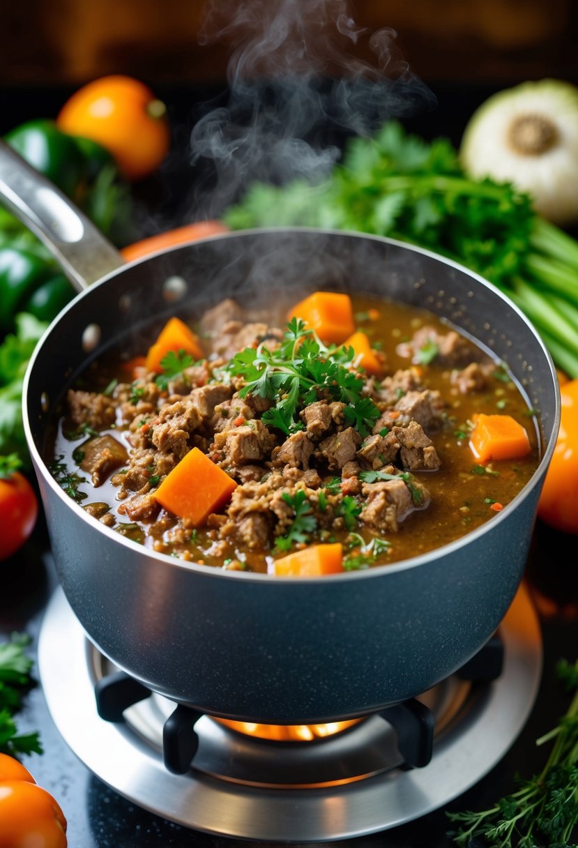 A steaming pot of hearty ground venison stew, surrounded by fresh vegetables and herbs, simmering on a rustic stove