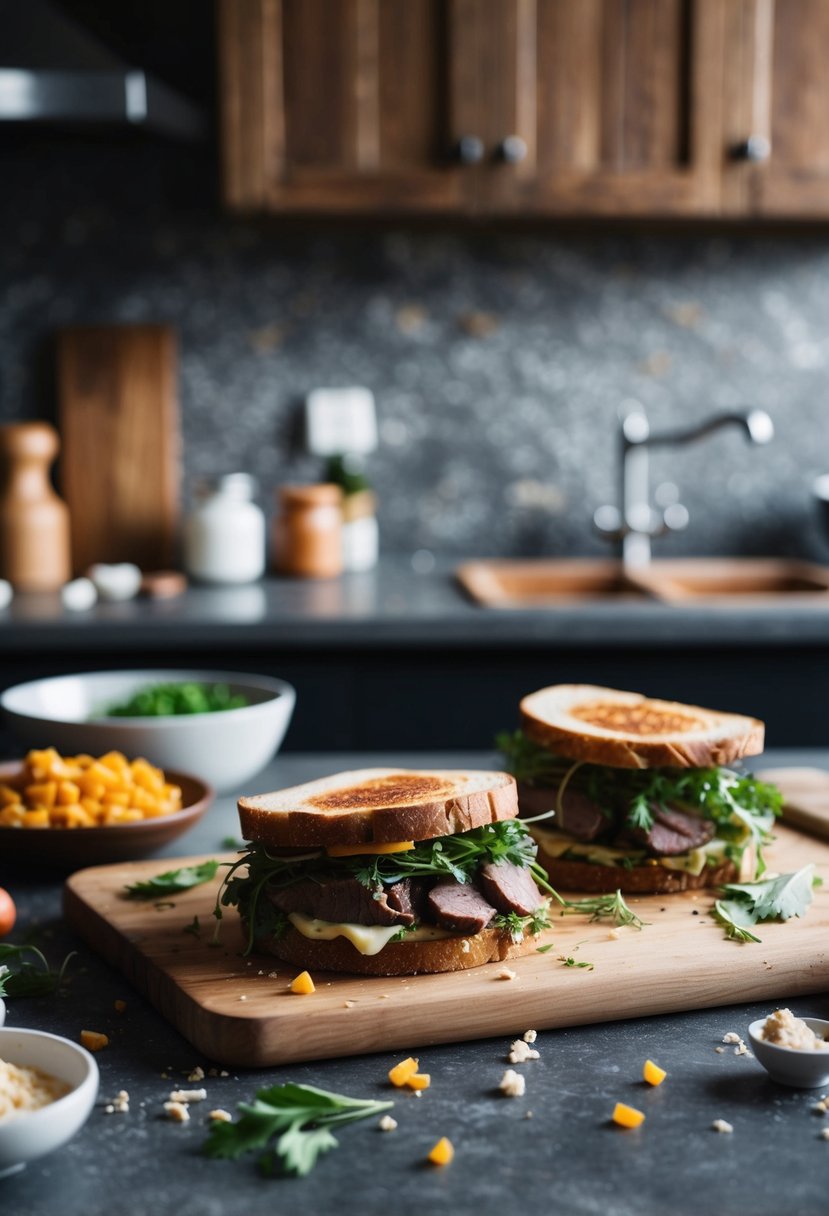 A rustic kitchen counter with scattered ingredients and a messy, open-faced venison sandwich