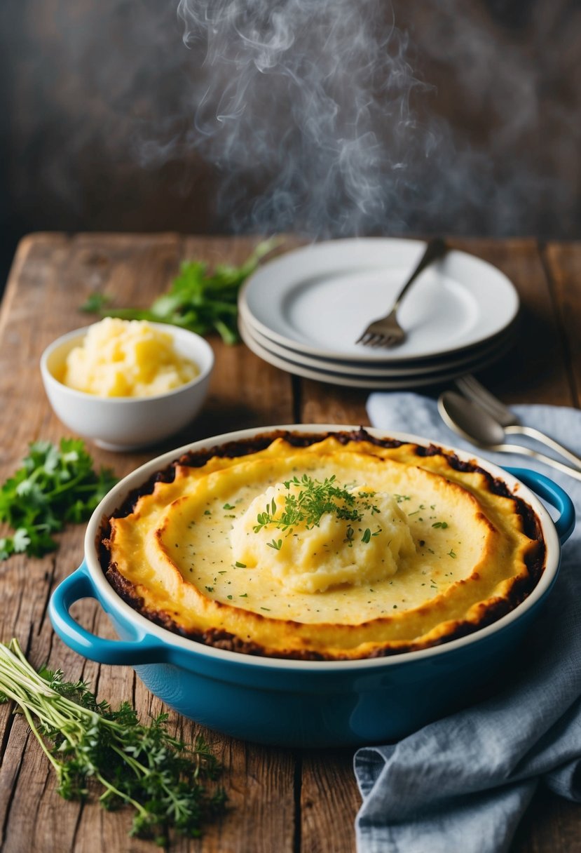 A rustic kitchen table set with a steaming shepherd's pie, topped with golden mashed potatoes, and a sprinkle of fresh herbs