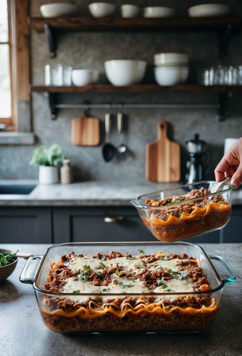 A rustic kitchen counter with layers of venison lasagna being assembled in a glass baking dish