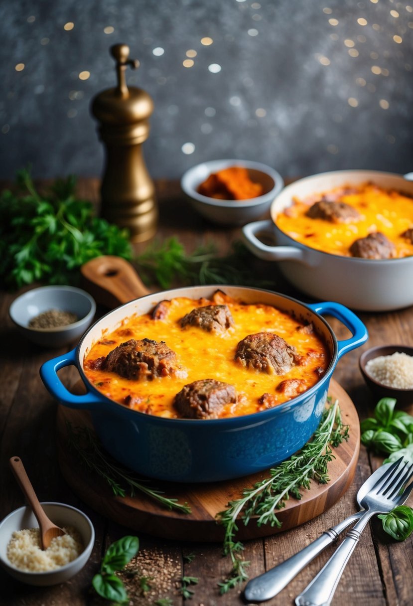 A rustic kitchen with a bubbling casserole dish filled with cheesy venison, surrounded by fresh herbs and spices