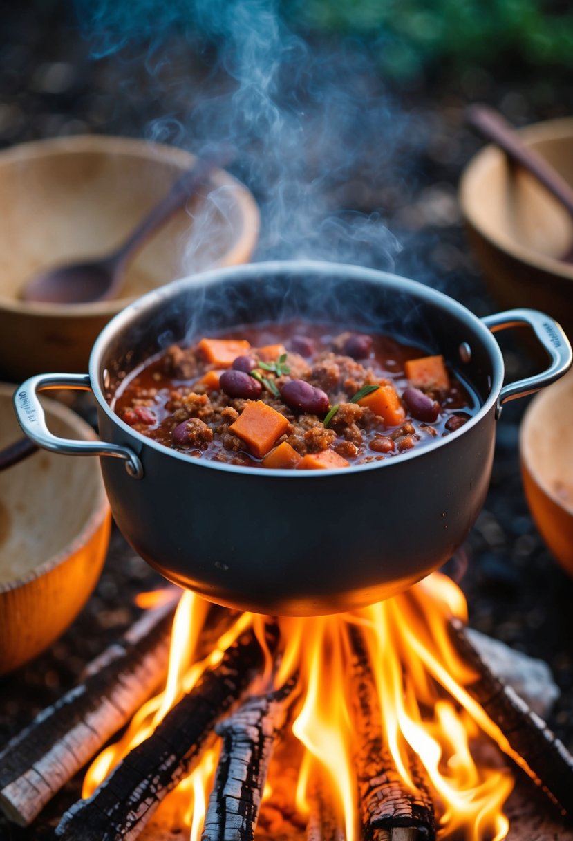 A steaming pot of venison chili bubbling over a crackling campfire, surrounded by rustic wooden bowls and spoons