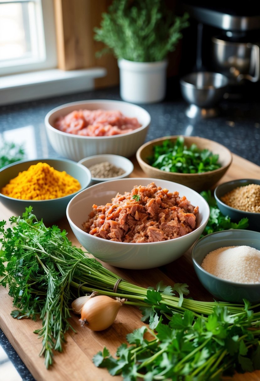 A rustic kitchen counter with fresh herbs, a bowl of ground venison, and various ingredients for making zesty meatloaf