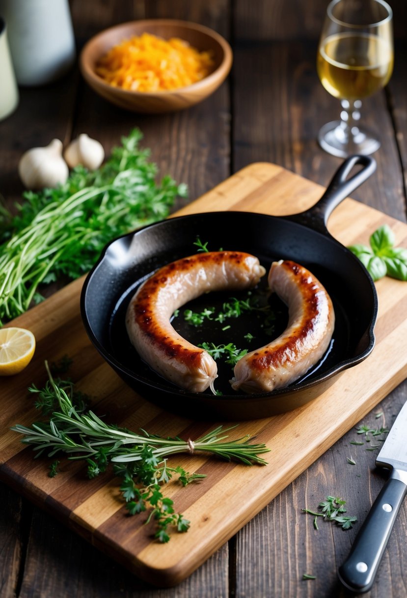 A rustic kitchen with a wooden cutting board, fresh herbs, and a cast iron skillet sizzling with game-changing venison sausages