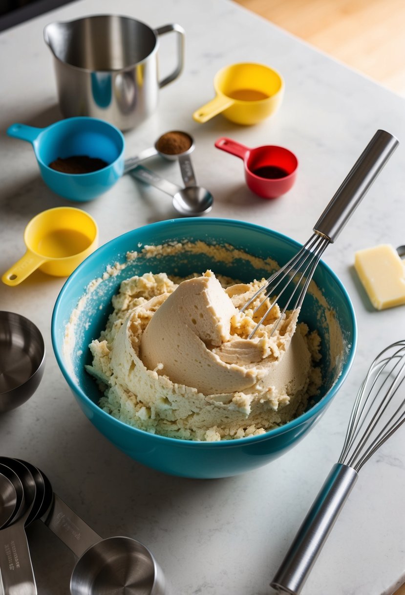 A mixing bowl filled with cookie dough ingredients, surrounded by measuring cups and spoons, with a whisk and spatula on a kitchen counter