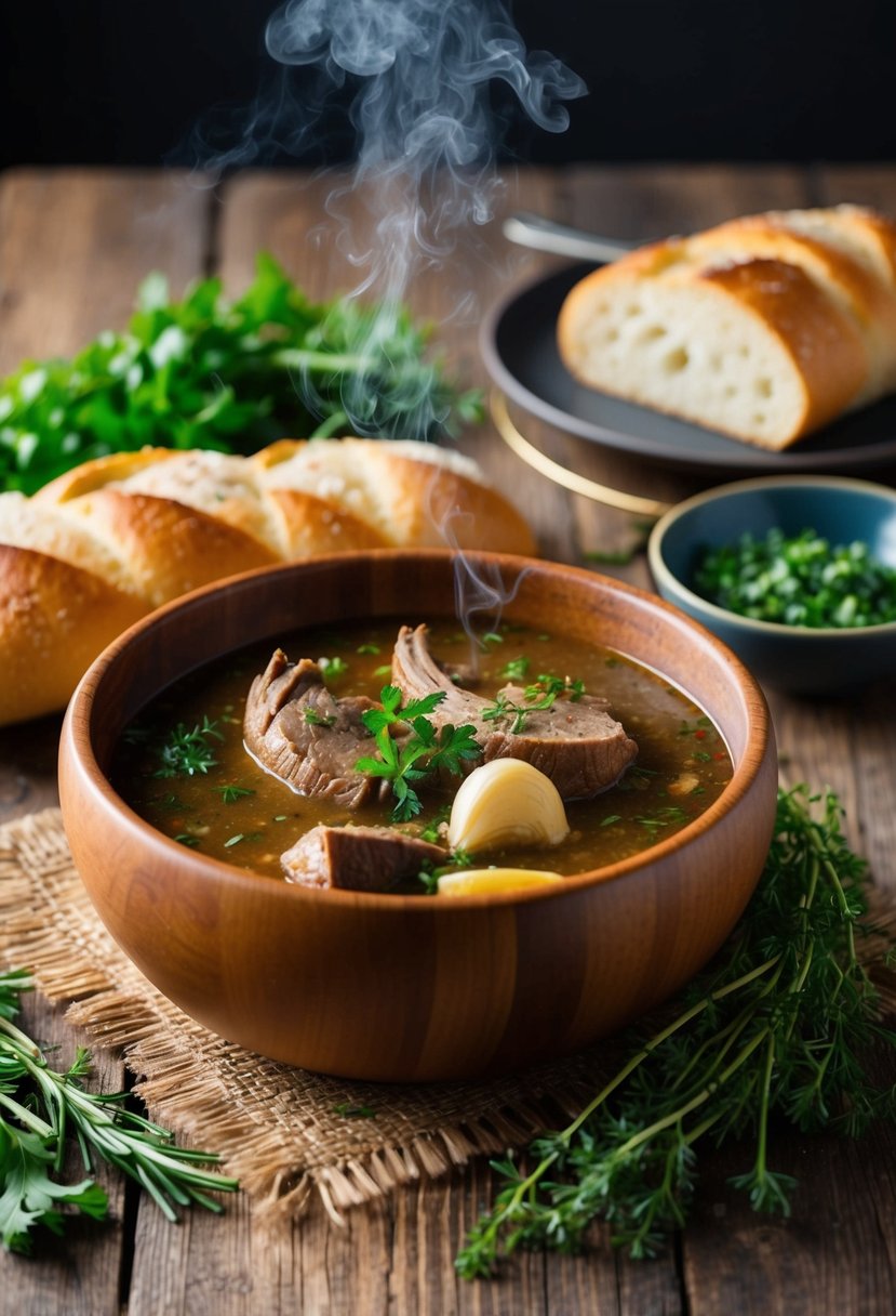 A rustic wooden bowl filled with steaming garlic-infused venison stew, surrounded by fresh herbs and a loaf of crusty bread