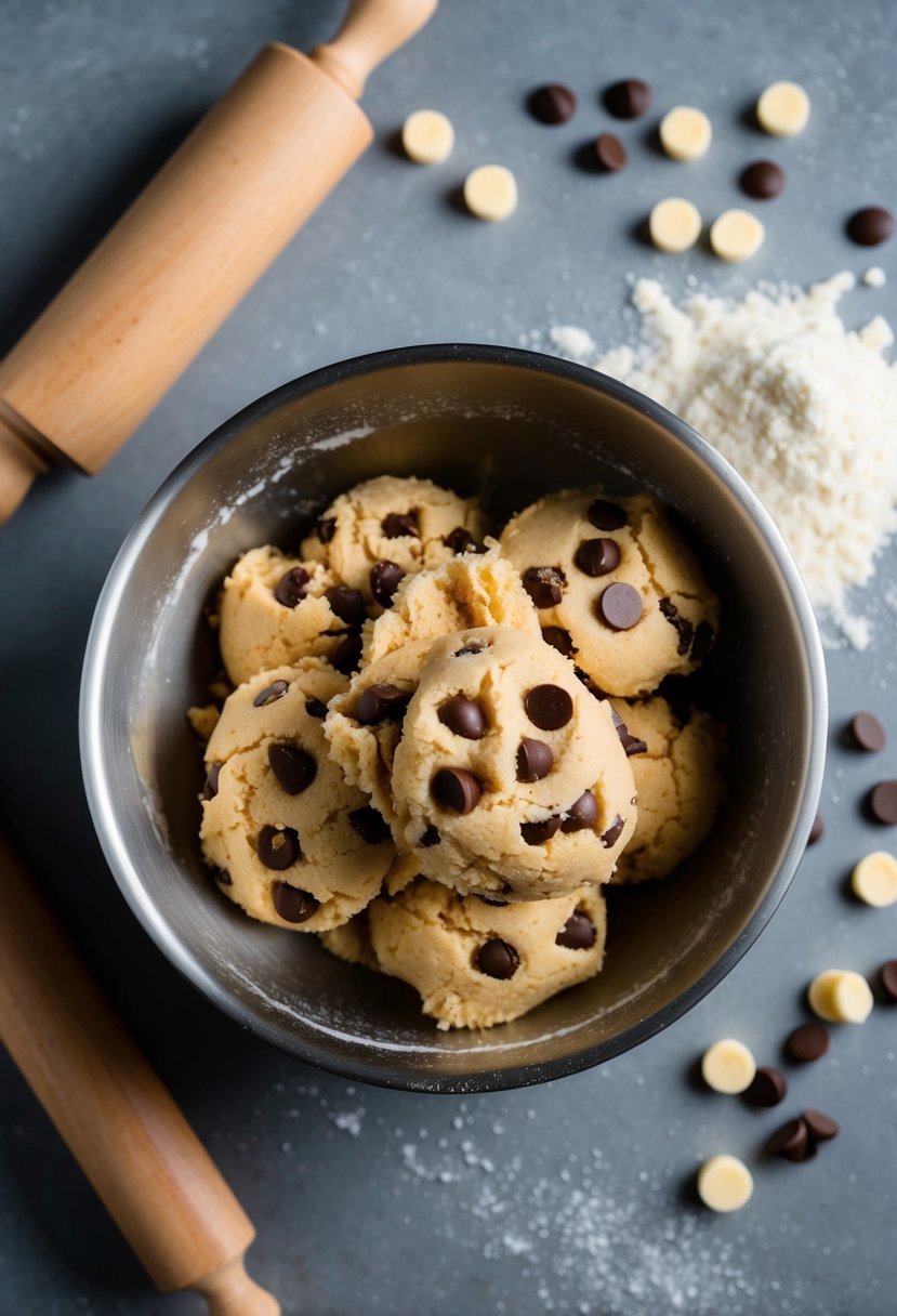 A mixing bowl filled with classic chocolate chip edible cookie dough, surrounded by scattered flour and a rolling pin