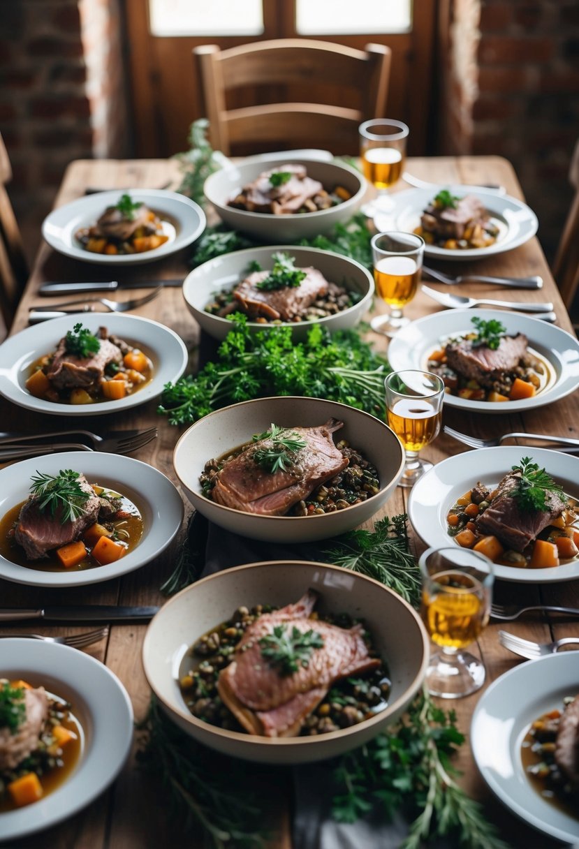 A rustic table set with a bountiful spread of venison dishes and fresh herbs