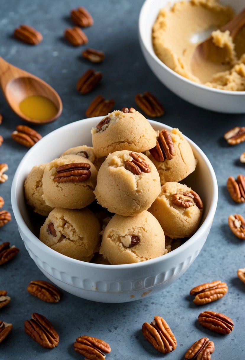 A mixing bowl filled with brown butter pecan edible cookie dough, surrounded by scattered pecans and a wooden spoon