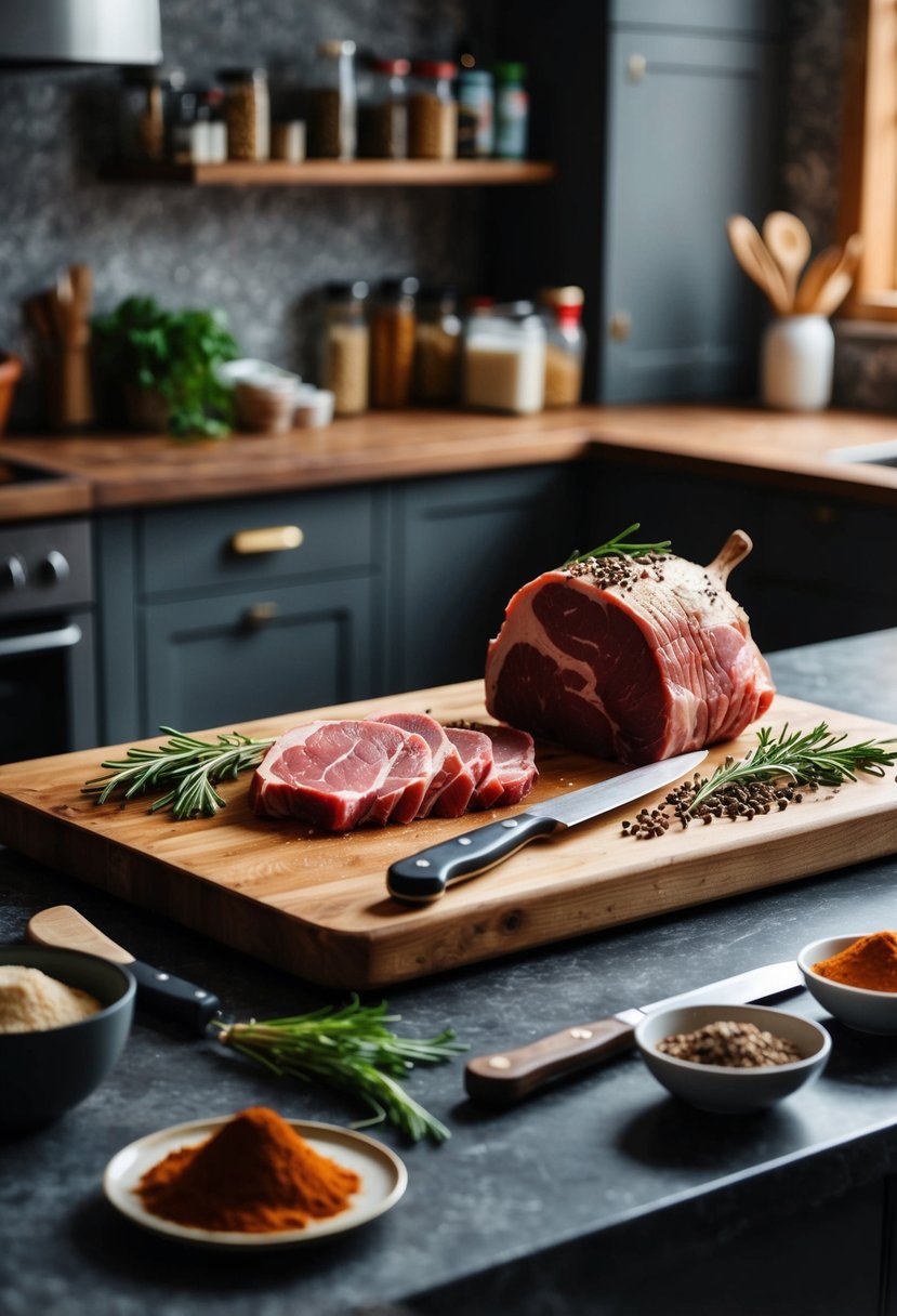 A rustic kitchen counter with a cutting board, knife, and various spices, surrounded by fresh venison meat and ingredients