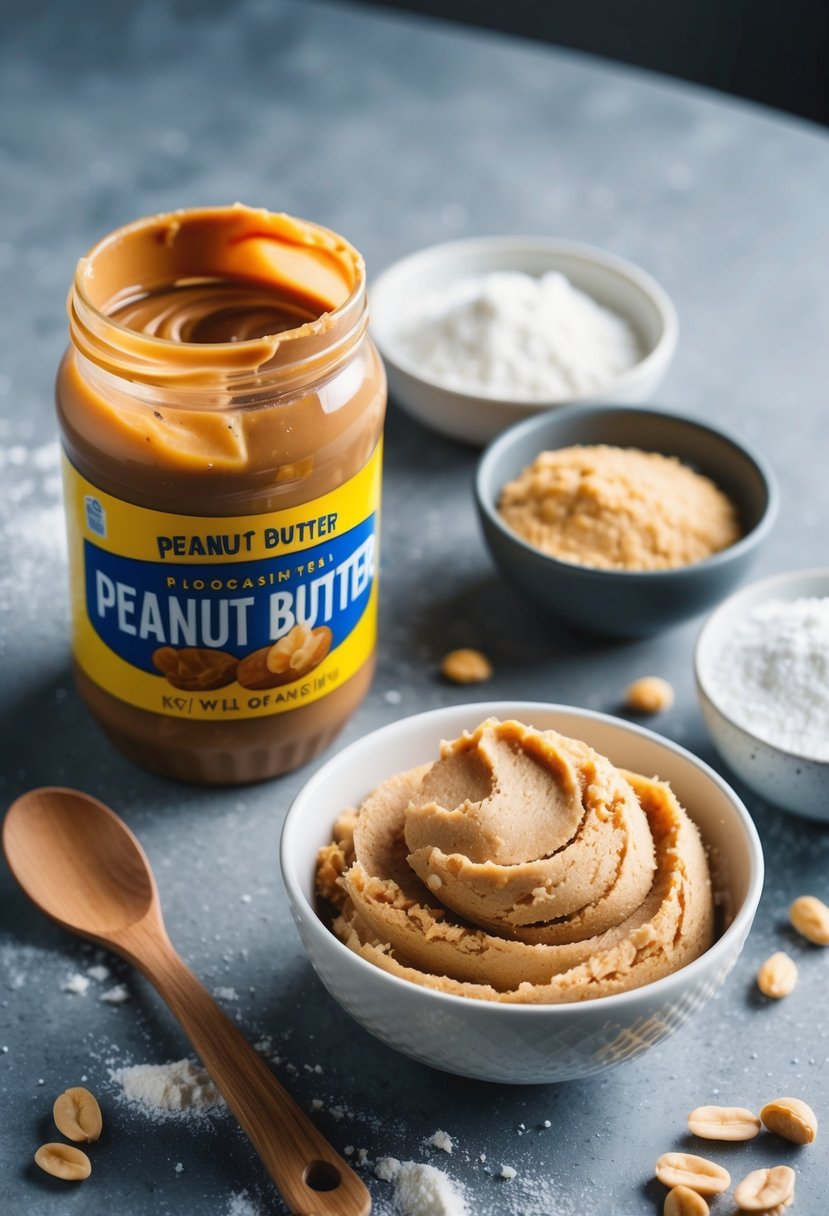 A jar of peanut butter sits next to a bowl of edible cookie dough, surrounded by scattered ingredients like flour and sugar