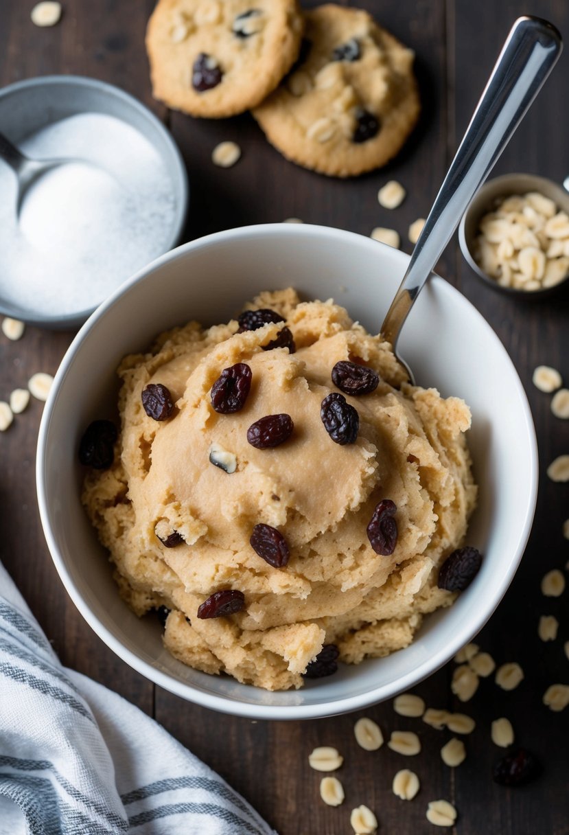 A mixing bowl filled with oatmeal raisin edible cookie dough, surrounded by ingredients and a spoon