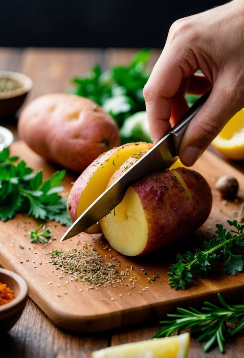 A red potato being sliced and seasoned on a cutting board, surrounded by fresh herbs and spices