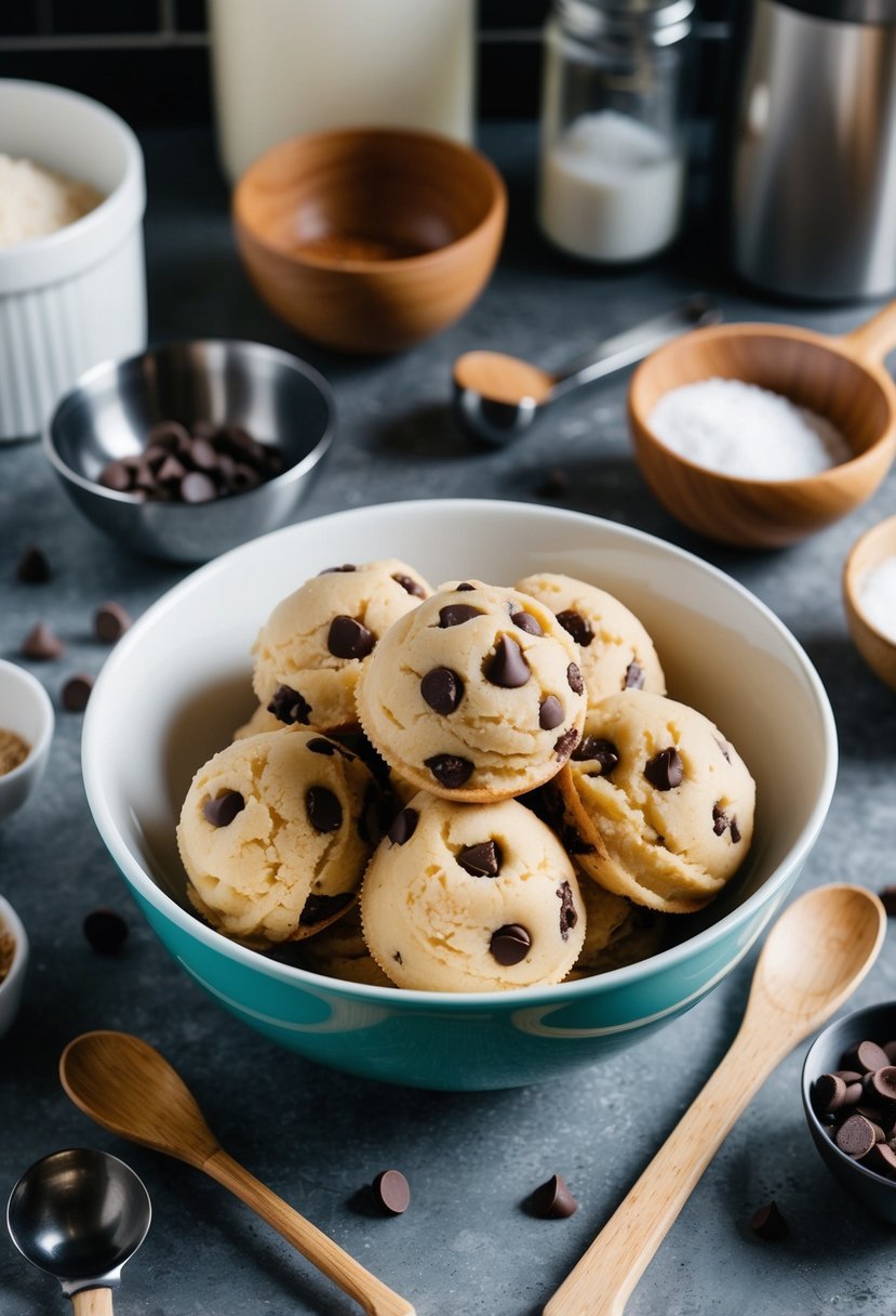 A bowl of double chocolate chip edible cookie dough surrounded by ingredients and mixing utensils on a kitchen counter