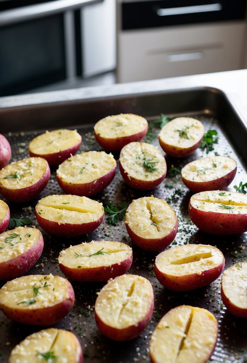 A baking sheet lined with halved red potatoes coated in garlic, Parmesan, and herbs, ready to be roasted in the oven