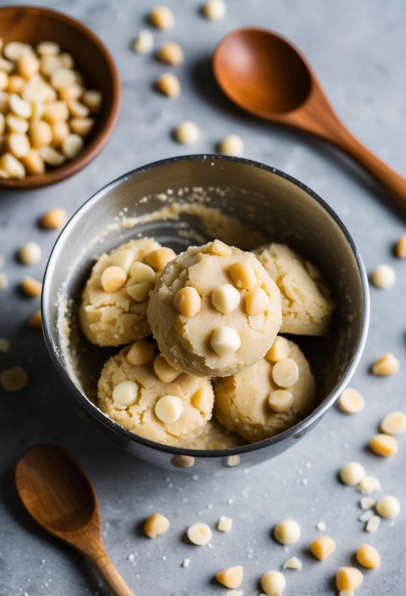 A mixing bowl filled with white chocolate macadamia nut cookie dough, surrounded by scattered ingredients and a wooden spoon