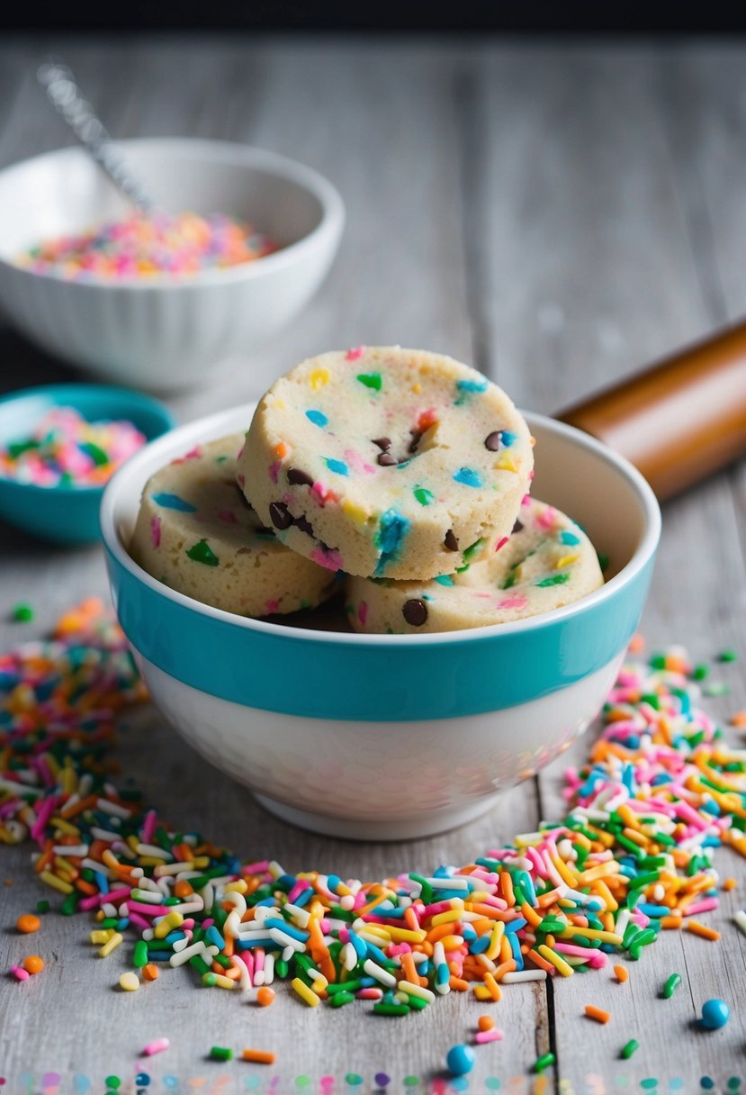 A bowl of Funfetti sprinkle edible cookie dough surrounded by colorful sprinkles and a rolling pin