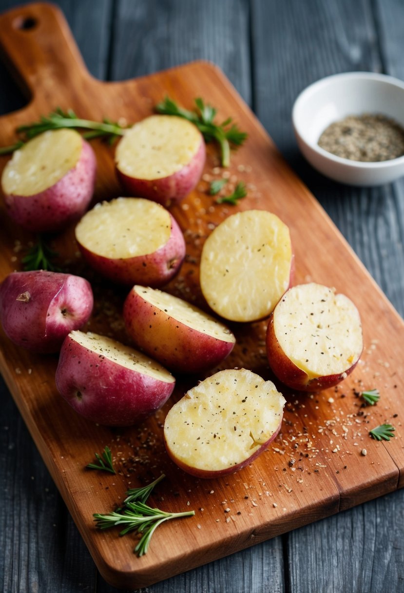 A rustic wooden cutting board with halved red potatoes, smashed and seasoned, ready for roasting