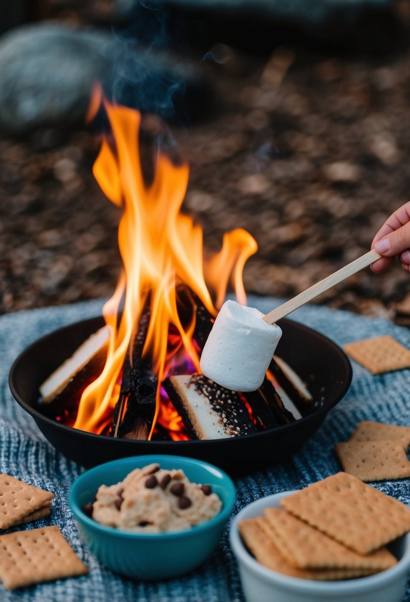 A cozy campfire with a marshmallow roasting over the flames, surrounded by graham crackers and a bowl of s'mores flavored edible cookie dough