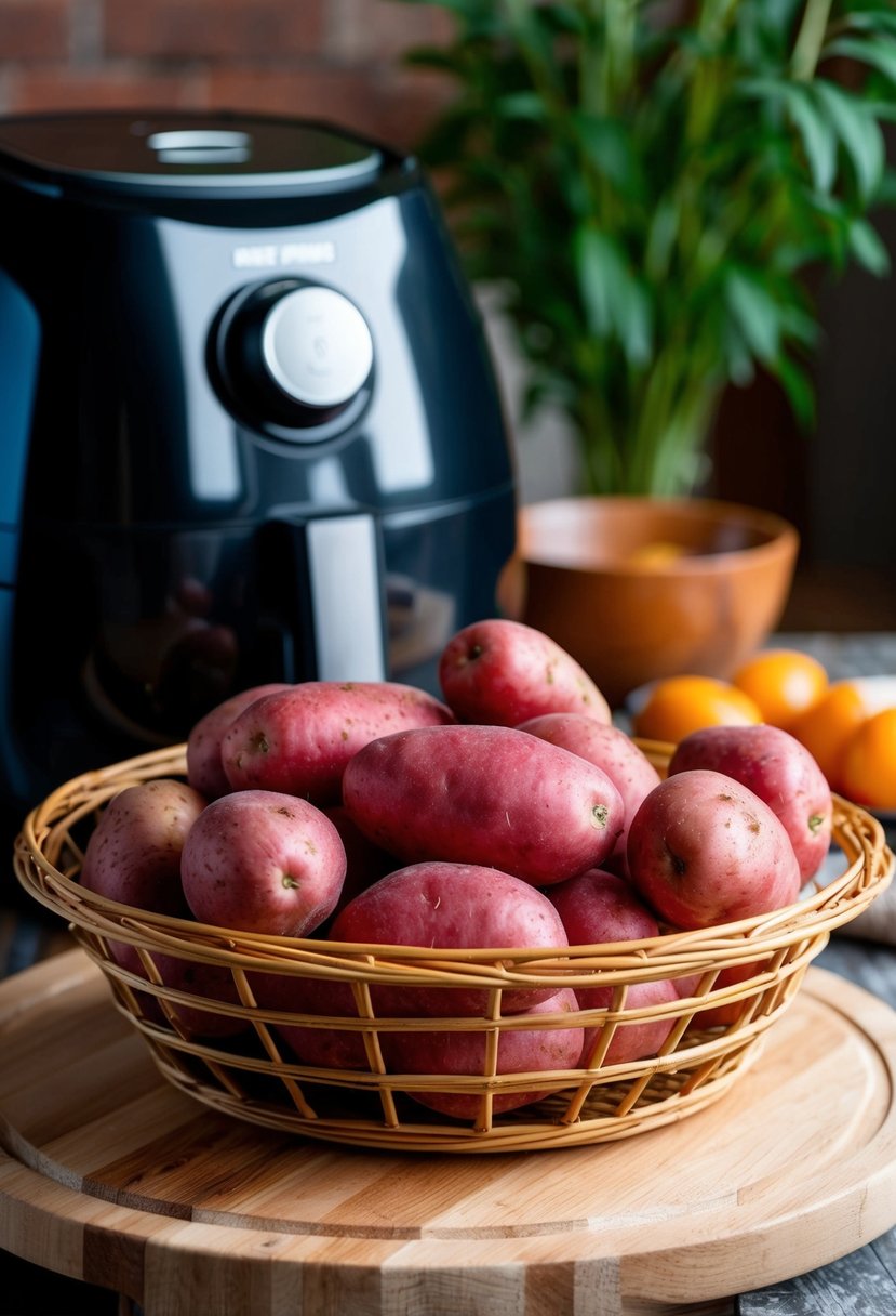 A basket of red potatoes sits next to an air fryer, ready to be cooked