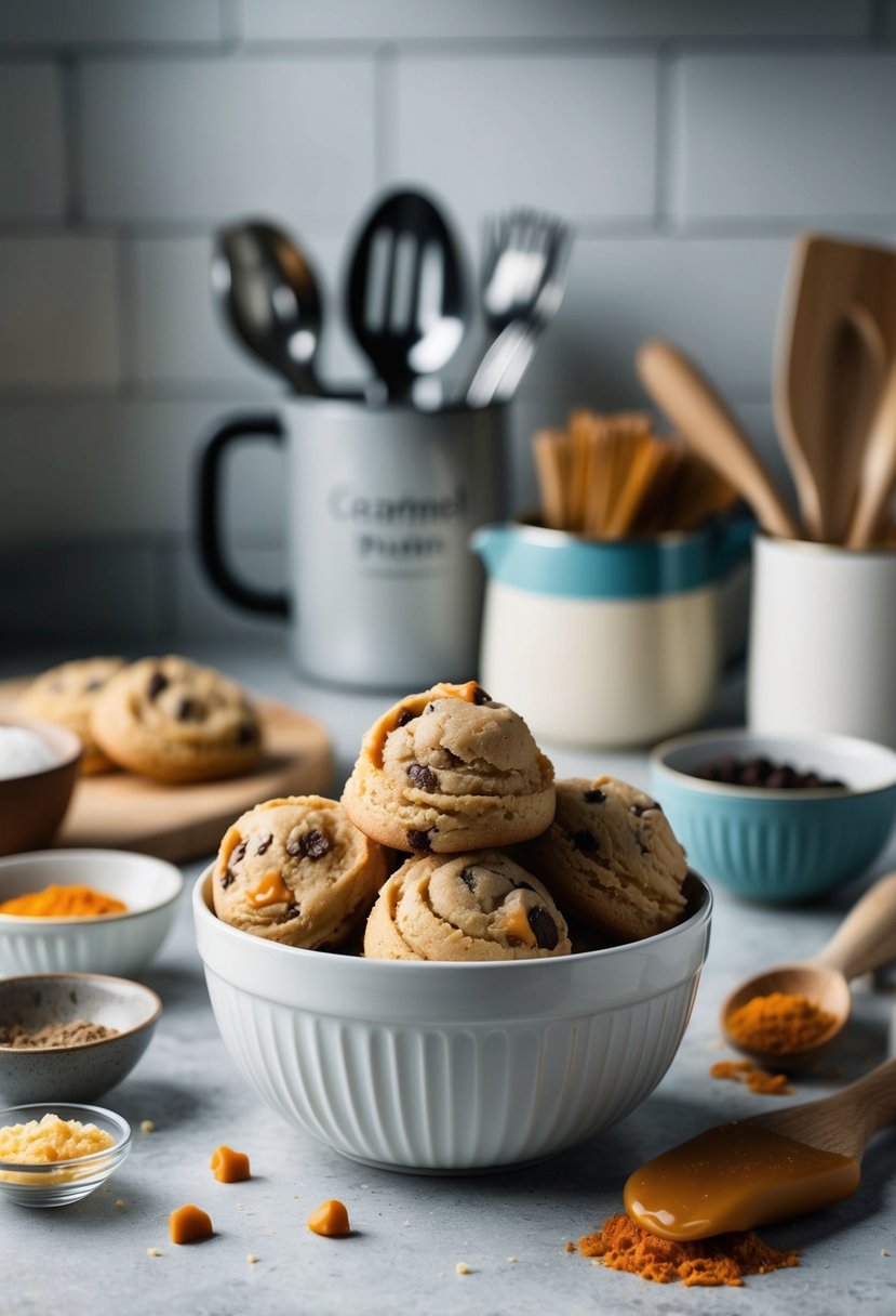 A bowl of caramel swirl edible cookie dough surrounded by ingredients and baking utensils on a kitchen counter