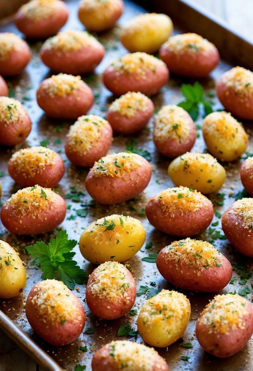 Golden red potatoes coated in a savory herb and Parmesan crust, arranged on a rustic baking sheet