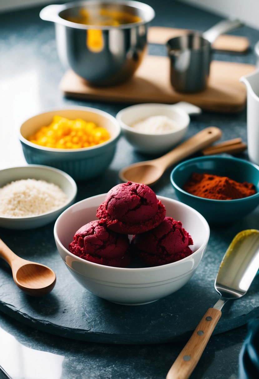 A bowl of red velvet edible cookie dough surrounded by ingredients and utensils on a kitchen counter