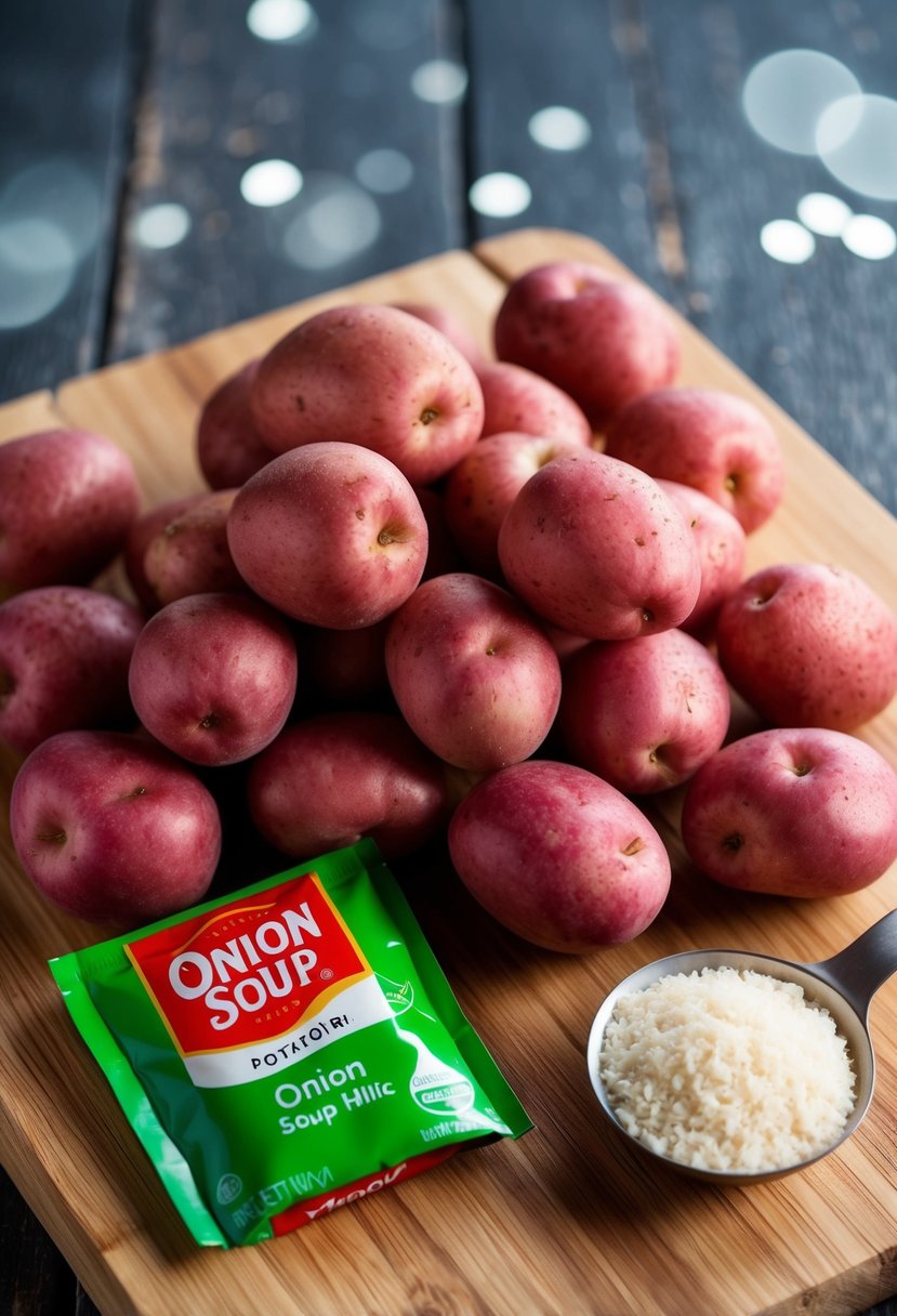 A pile of red potatoes sits next to a packet of onion soup mix on a wooden cutting board