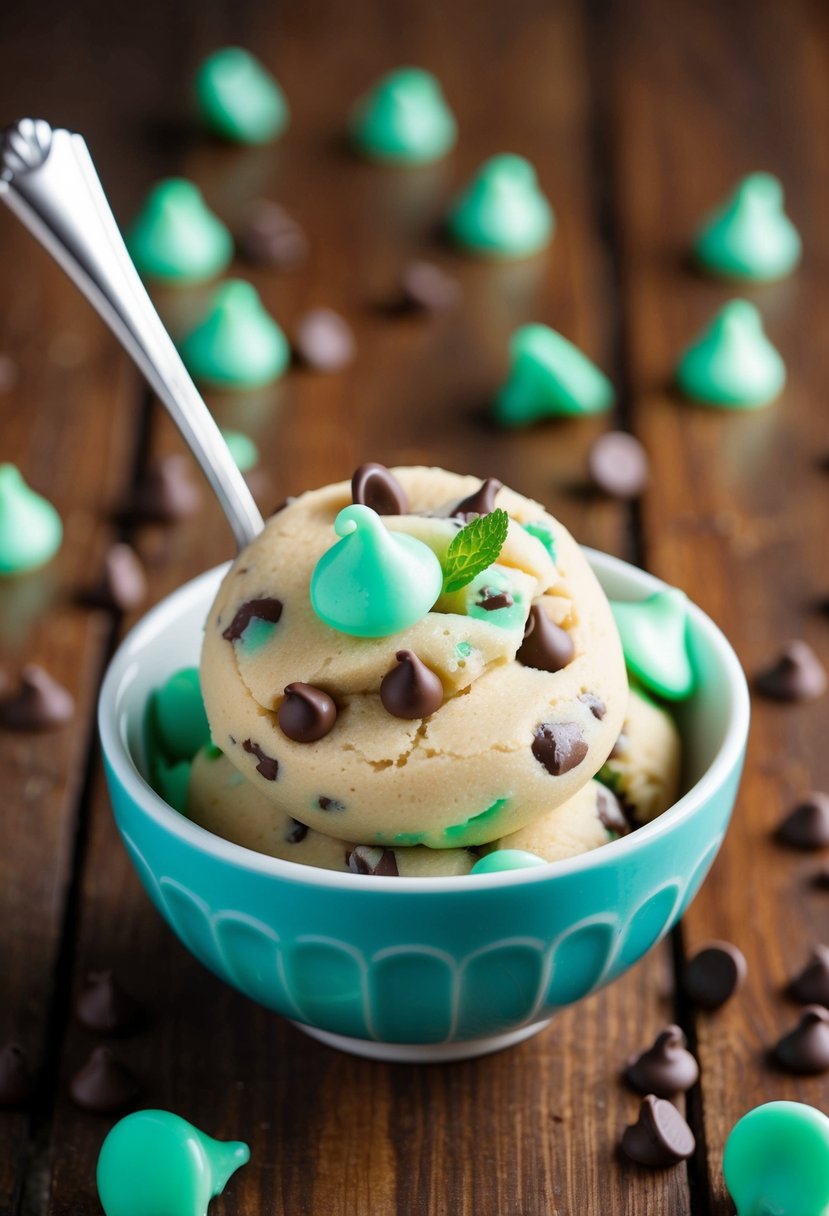 A bowl of mint chocolate chip edible cookie dough with a spoon and scattered chocolate chips on a wooden table