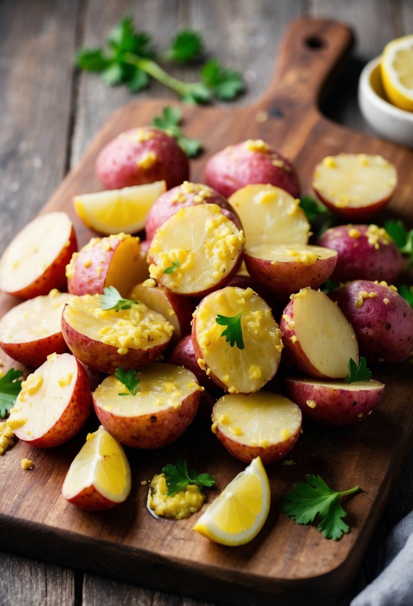 A pile of halved red potatoes coated in a garlicky lemon sauce, scattered on a rustic wooden cutting board