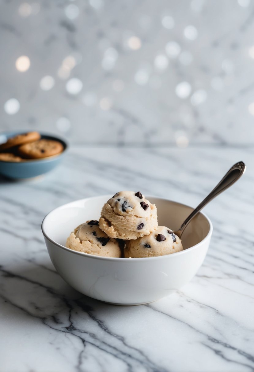 A bowl of cookies 'n cream edible cookie dough with a spoon on a marble countertop