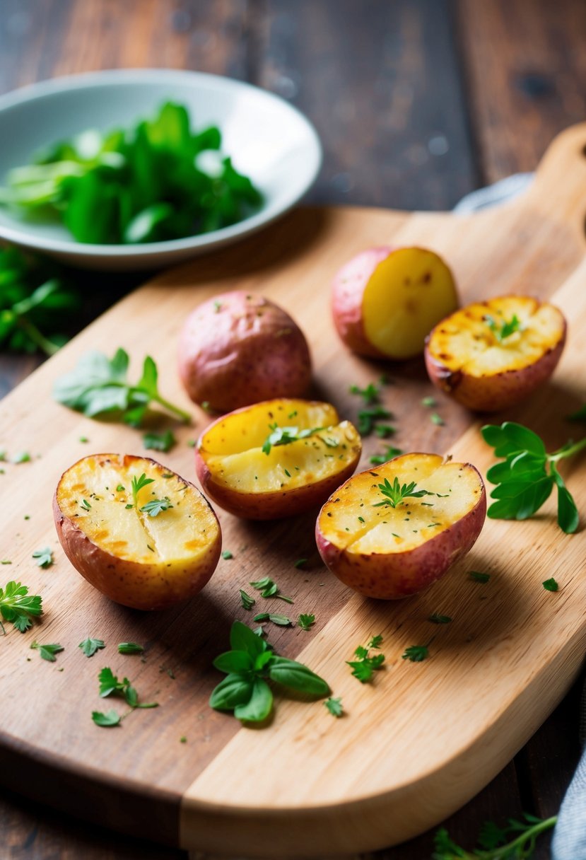 A rustic wooden cutting board with halved roasted red potatoes and scattered fresh herbs