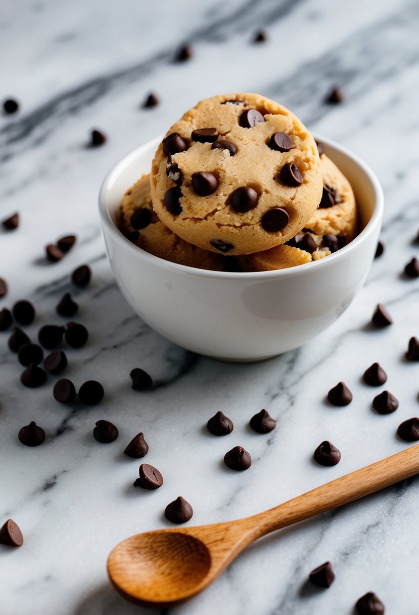 A bowl of espresso chip edible cookie dough sits on a marble countertop, surrounded by scattered chocolate chips and a wooden spoon