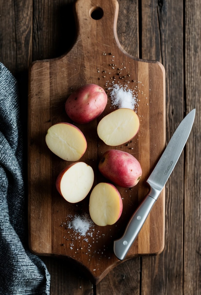 A rustic wooden cutting board with halved red potatoes, scattered salt, and pepper