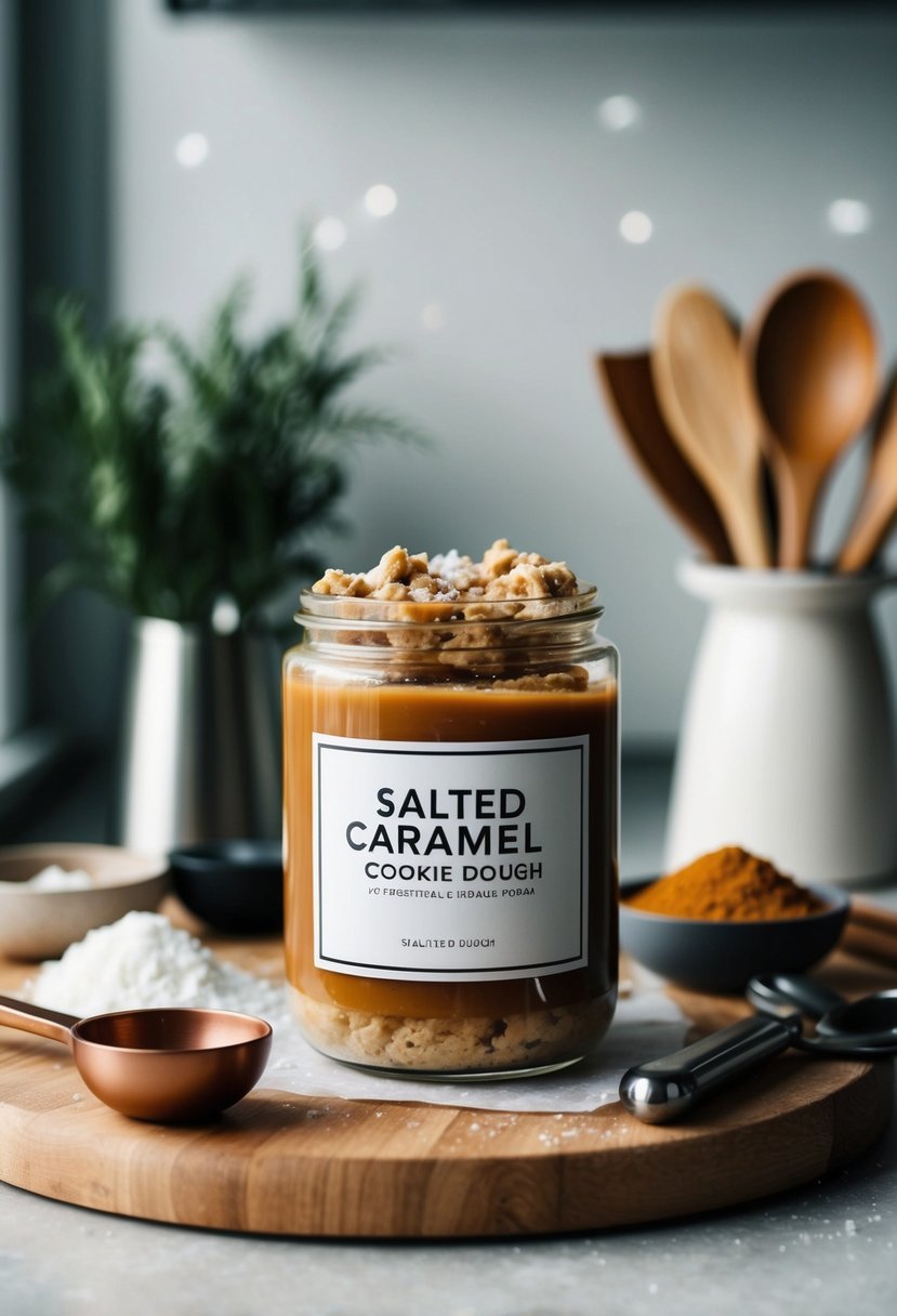 A jar of salted caramel edible cookie dough surrounded by ingredients and utensils on a kitchen counter