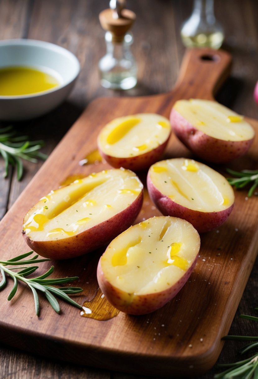 A rustic wooden cutting board with halved red potatoes, drizzled with olive oil, ready for baking