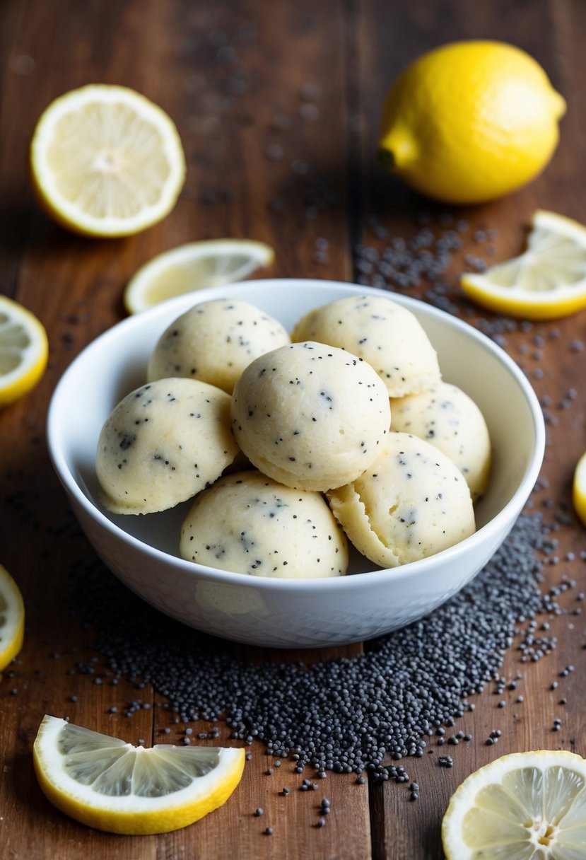 A bowl of lemon poppy seed edible cookie dough surrounded by scattered poppy seeds and lemon slices on a wooden table