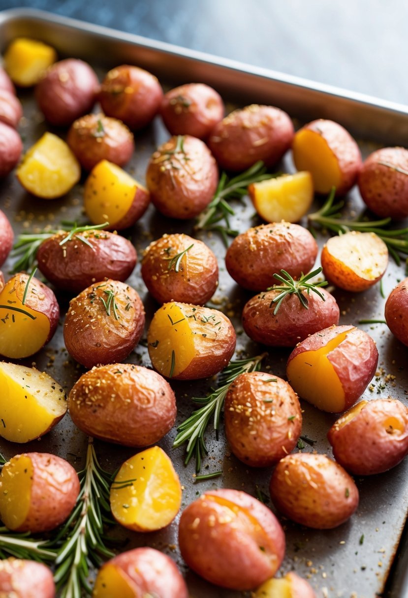 A baking sheet filled with golden, crispy red potatoes, sprinkled with fragrant rosemary, fresh out of the oven