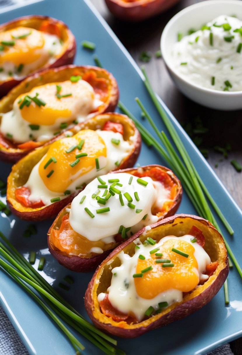 A platter of crispy red potato skins topped with melted cheese and sprinkled with chives, served alongside a dollop of sour cream