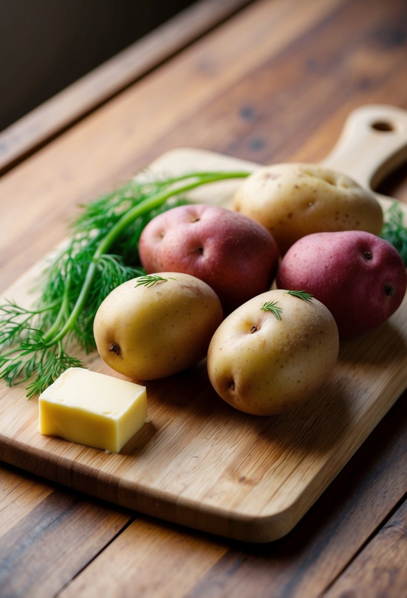 A wooden cutting board with red potatoes, a sprig of dill, and a pat of butter