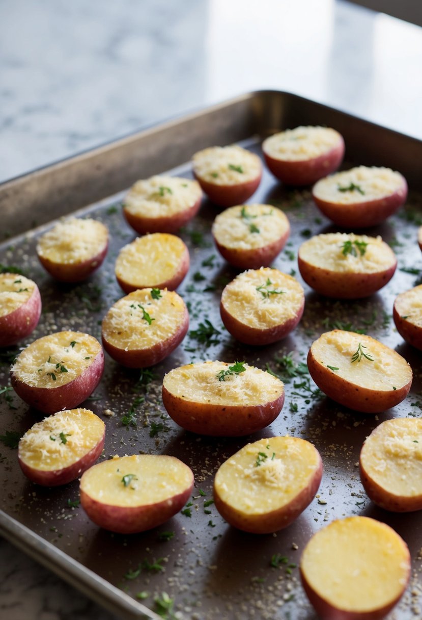 A baking sheet with halved red potatoes coated in parmesan and herbs, ready to be placed in the oven