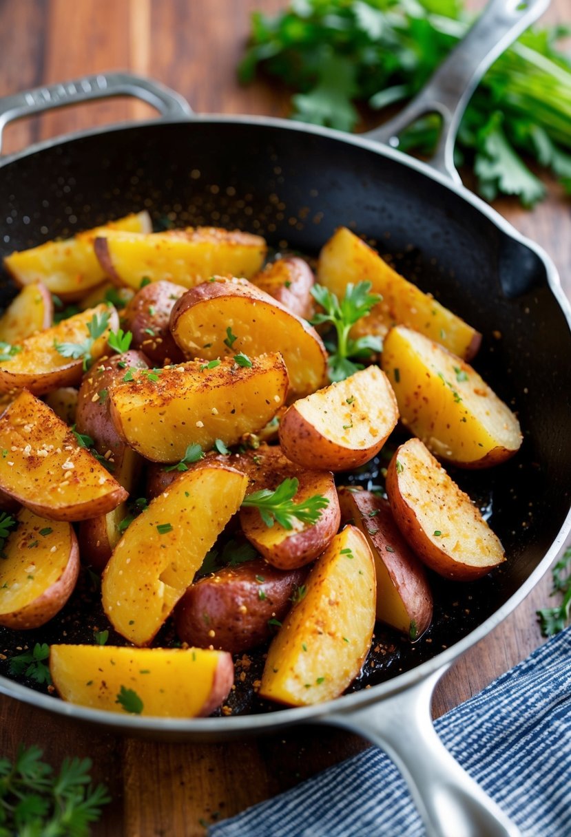 A sizzling skillet of Cajun red potato wedges, sprinkled with spicy seasoning and fresh herbs, ready to be served