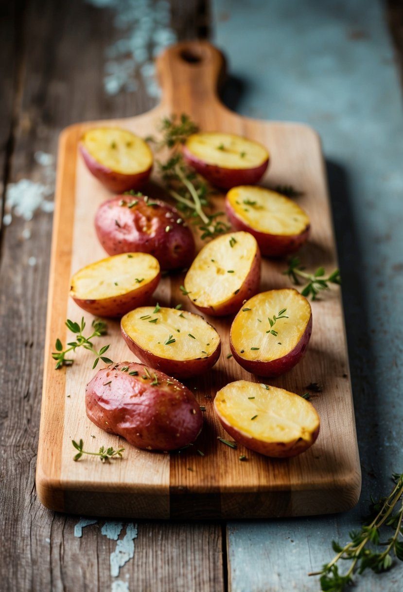 A rustic wooden cutting board with halved roasted red potatoes, sprinkled with fresh thyme, set against a weathered backdrop