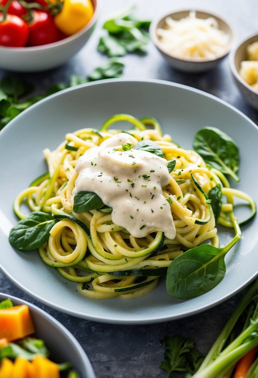 A steaming plate of zucchini noodles topped with creamy alfredo sauce and fresh spinach, surrounded by colorful vegetables and herbs