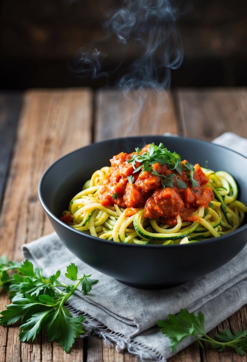 A steaming bowl of zucchini noodles topped with spicy marinara sauce and fresh herbs, sitting on a rustic wooden table